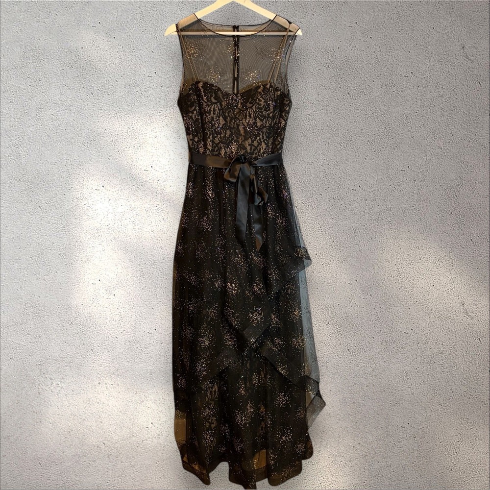 Teri Jon Evening Gown Black Nude Lace Beaded Ruffle Maxi Dress Corset‎ Size 10